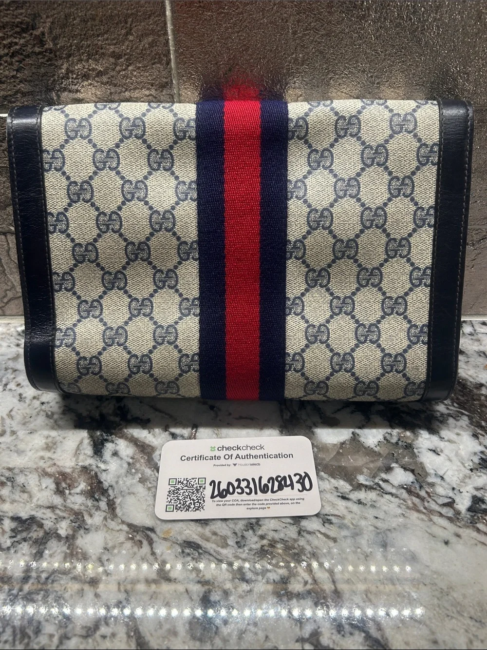 Gucci Beige GG Supreme Vintage Sherry Line Web Stripe Clutch 1980’s with COA